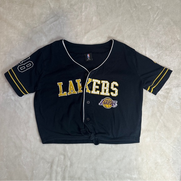NBA Los Angles Lakers Button Up V-Neck Tshirt Jersey Size Large - Picture 1 of 10